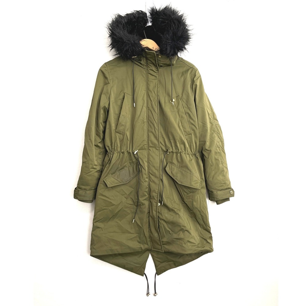 HM LOGG Womens 8 Olive Green Fishtail Parka Faux Fur Hood Quilted Jacket 0505427